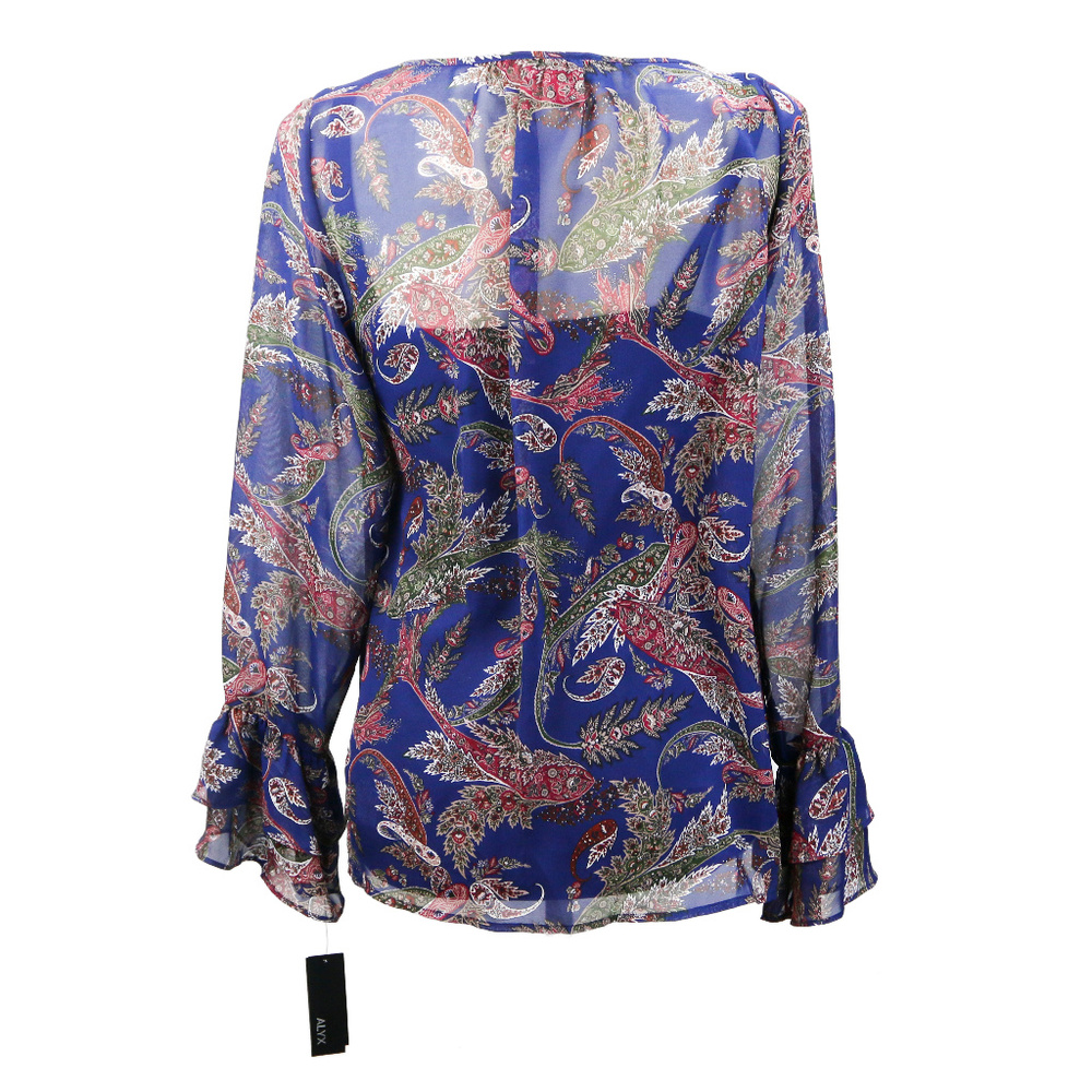 Alyx Women’s Navy Blue Leaf Print Blouse Long Sleeve Cami Style NWT - Picture 4 of 8